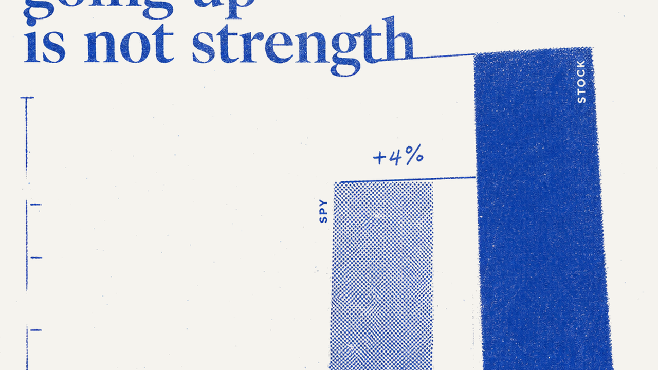 One-ink editorial print: a solid stock bar towers over a paler halftone SPY bar, a +4% annotation floating in the gap