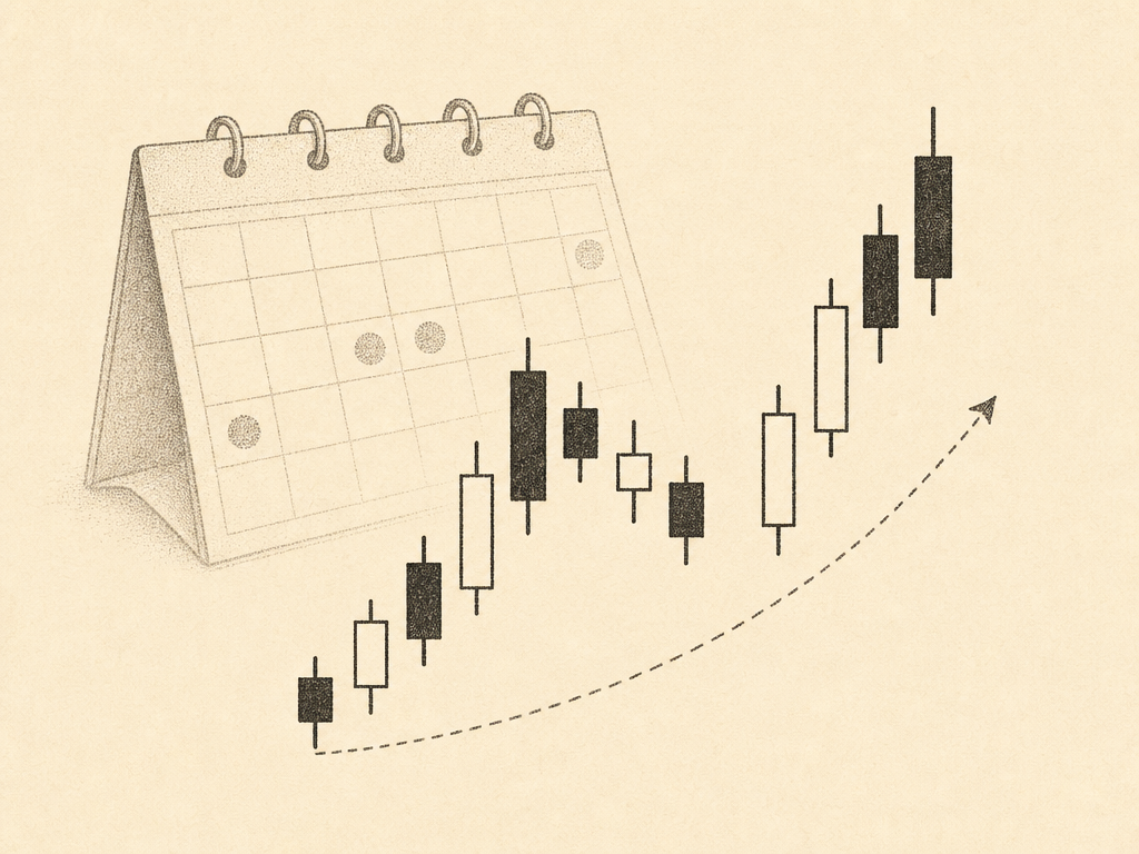 One-ink editorial print: a minimalist candlestick chart showing a single swing trade with a calendar page in the background