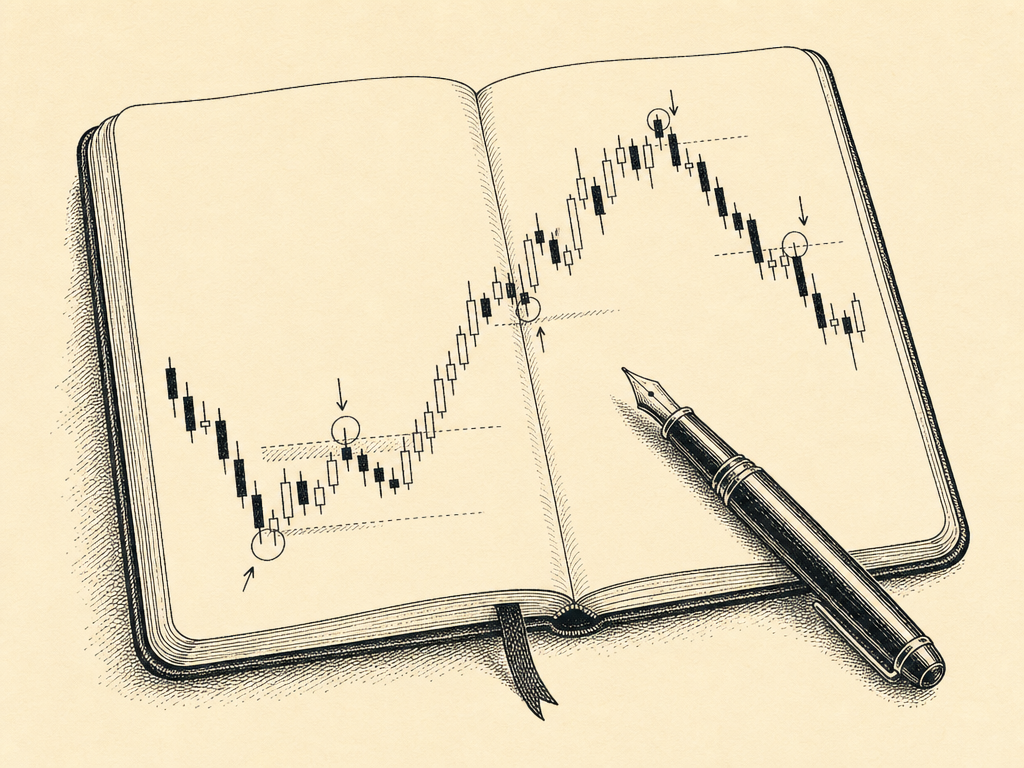 One-ink editorial print: an open journal with a candlestick chart drawn on its pages, a fountain pen resting on the page